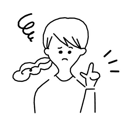 A woman pointing at a problem with a rough, hand-drawn, troubled expression.のイラスト素材