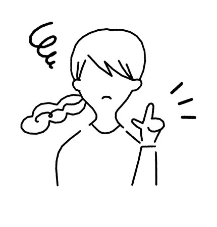 A woman pointing at a problem with a rough, hand-drawn, troubled expression.のイラスト素材