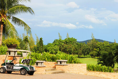 Empty golf cart parket near field  in golf club のeditorial素材