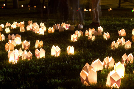 CLUJ-NAPOCA, ROMANIA - JUNE 06, 2014: Festival of Illumination (Festivalul Luminii 2014) in central park and candles on grass at summer night.のeditorial素材