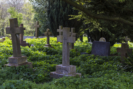 MILTON KEYNES, ENGLAND - APRIL 22, 2015: View at Holy Trinity Church churchyard with ancient graves and tombs in Old Wolverton, UK.のeditorial素材