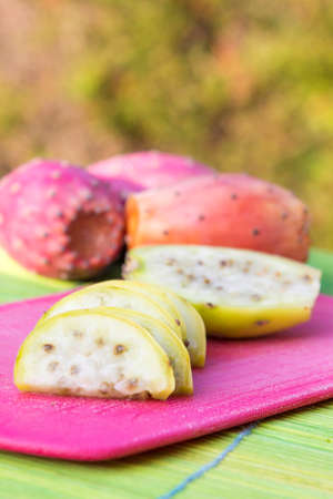 Fruits of pricky pear (Opuntia) on bamboo close upの写真素材