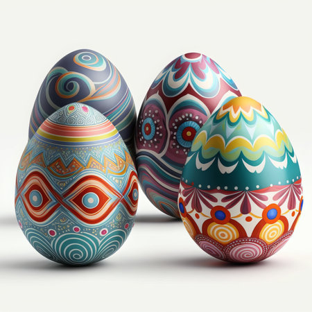 Easter eggs with patterns on a white background. 3d illustrationの写真素材