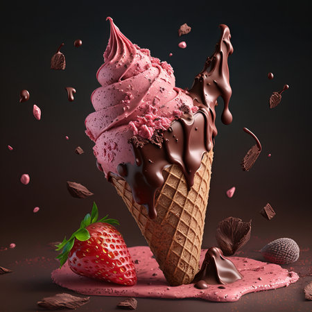 Chocolate ice cream with strawberry in waffle cone on dark backgroundの素材