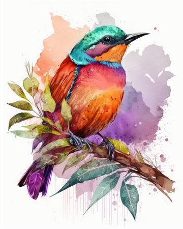 Colorful bird on branch. Watercolor hand drawn illustration isolated on white backgroundの素材