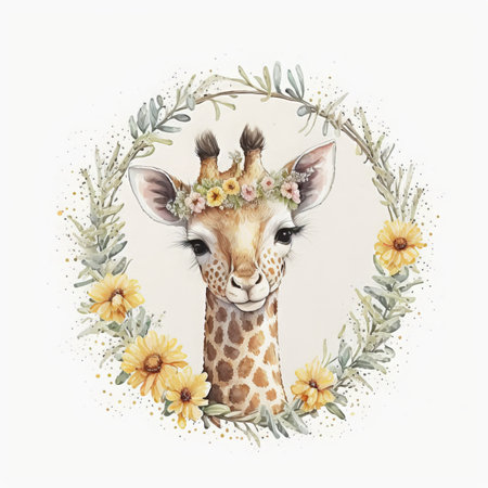 Watercolor giraffe with flowers wreath on white background. hand drawn illustrationの素材