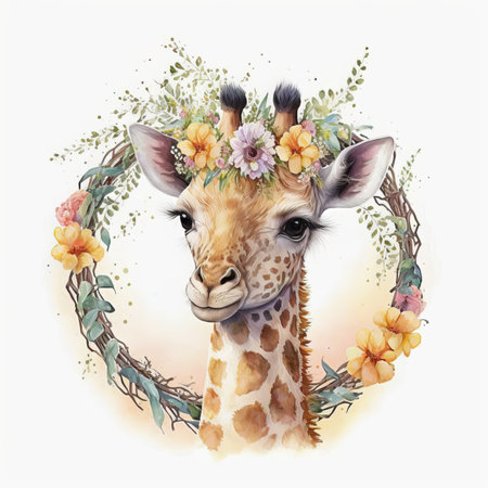 Watercolor illustration of a giraffe in a wreath of flowersの素材