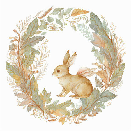 Easter wreath with rabbit and leaves. Watercolor illustration.の素材