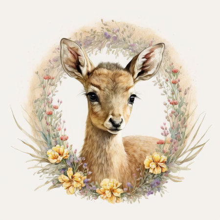 Watercolor portrait of a young deer in a wreath of flowersの素材
