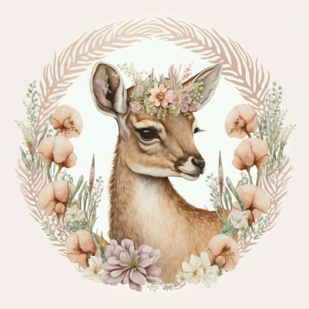 Watercolor illustration of a deer in a wreath of flowers.の素材