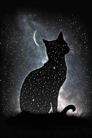 Silhouette of a cat against the background of the starry skyの素材