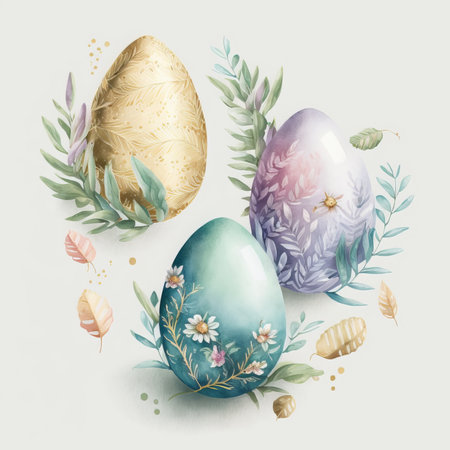 Easter eggs with floral pattern, hand drawn watercolor illustration.の素材