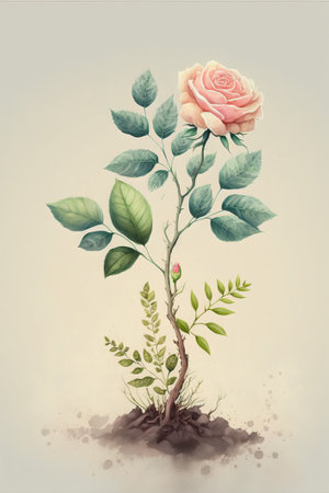 Retro illustration of a rose growing from the ground with green leavesの素材
