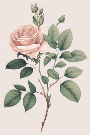 Illustration of rose flower with leaves and buds in pastel colorsの素材