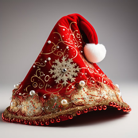 Santa Claus red hat with snowflakes on a gray background.の素材