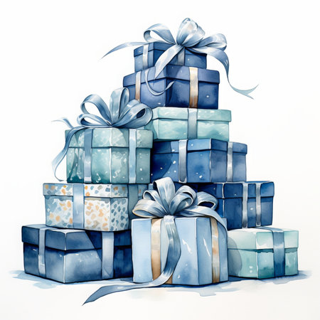 Pile of blue gift boxes with ribbons isolated on white backgroundの素材
