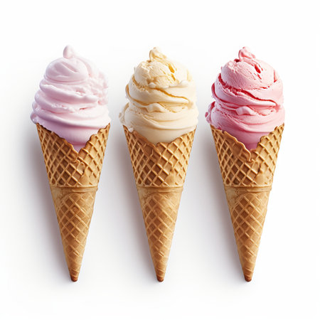 Three ice cream cones isolated on white background. top view Flat lay.の素材