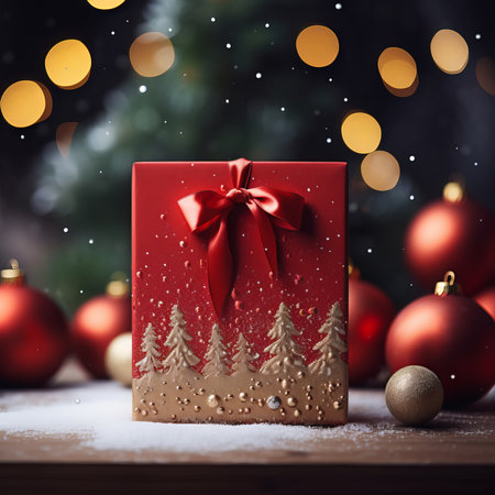 Christmas gift box with christmas tree on bokeh background.の素材