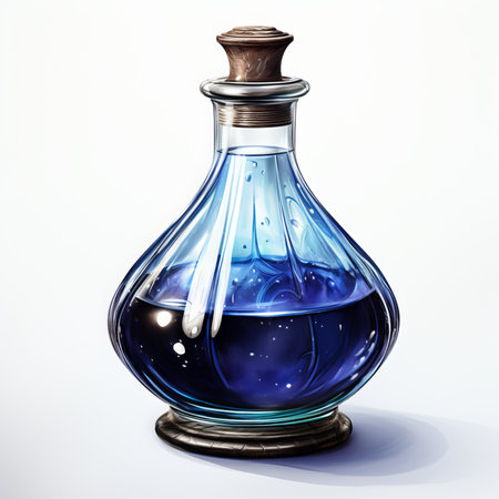 Blue potion in a glass bottle on a white background. 3d illustrationの素材