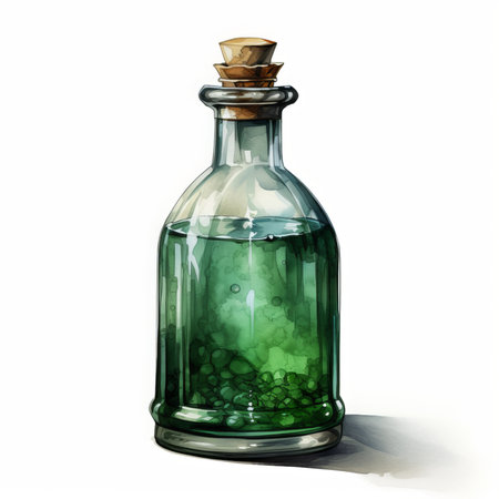 Green magic potion in a glass bottle on a white background. 3d illustrationの素材