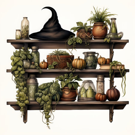 Illustration of a wooden shelf full of different kinds of vegetables and herbsの素材