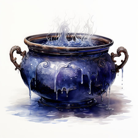 Watercolor illustration of a blue pot with boiling water on a white backgroundの素材