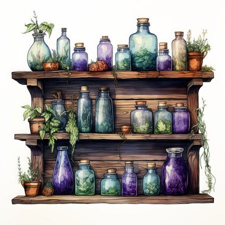 Wooden shelf with different bottles and plants. Vintage vector illustration.の素材