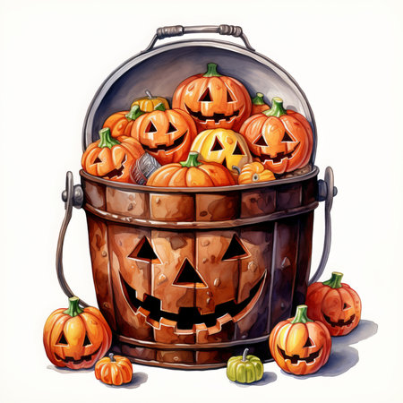 Halloween bucket full of jack o lanterns, vector illustration.の素材