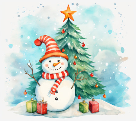 Watercolor illustration of a snowman with christmas tree and giftsの素材