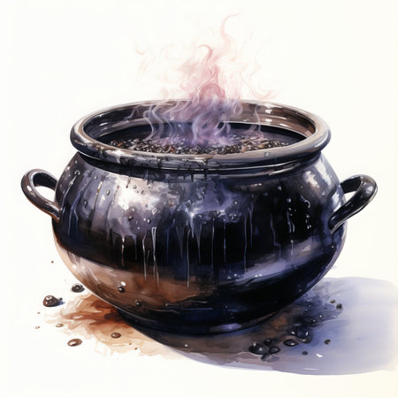 Cauldron with boiling water and smoke on a white background. Watercolor illustrationの素材