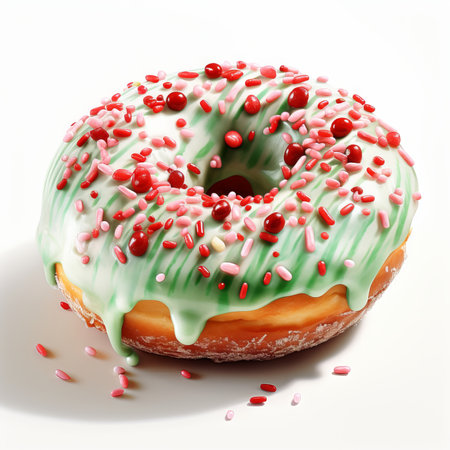 donut with green glaze and sprinkles isolated on white backgroundの素材