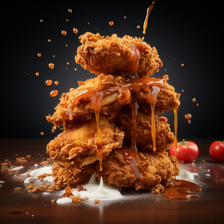 Crispy fried chicken legs with sauce and cherry tomatoes on black backgroundの素材