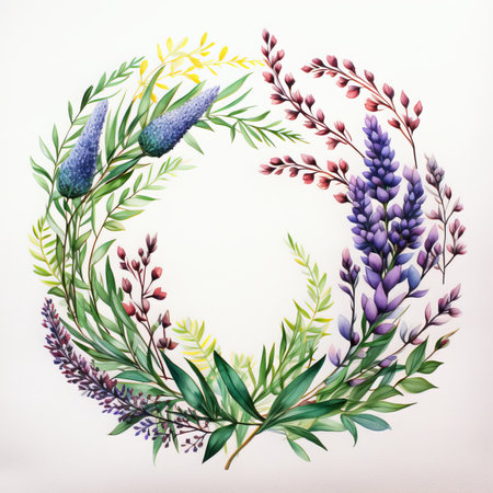 Watercolor wreath with purple lupine flowers on white backgroundの素材
