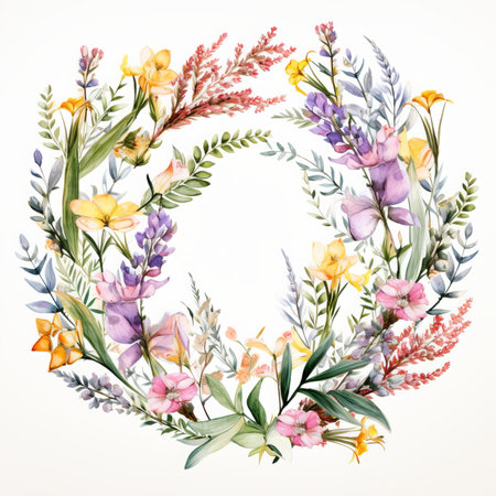 Watercolor floral wreath. Hand painted illustration on white background.の素材