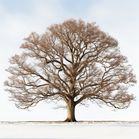 Winter landscape with big old oak tree on white background. 3d renderingの素材