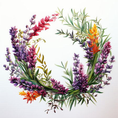 Watercolor floral wreath with lupins and wildflowersの素材