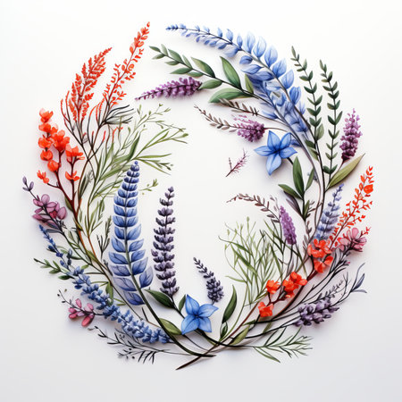 Beautiful floral wreath on white background. Flat lay, top viewの素材