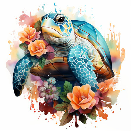 Turtle with flowers and splashes on a watercolor background.の素材
