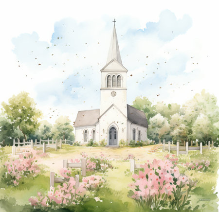 Watercolor illustration of a church in the countryside with blooming flowersの素材
