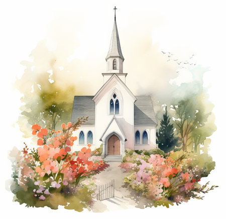 Watercolor illustration of a church with flowers on a white background.の素材