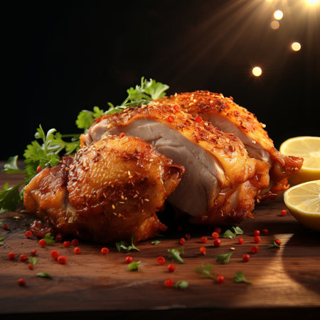 roast chicken with lemon and parsley on wooden board, closeupの素材