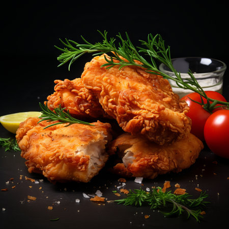 Crispy fried chicken legs with lemon and herbs on black backgroundの素材