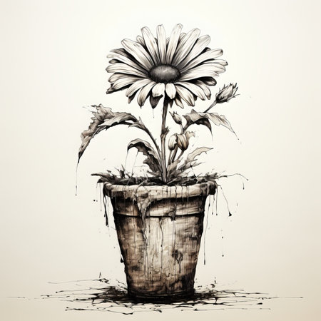 Hand drawn illustration of a daisy in a pot with water dropsの素材