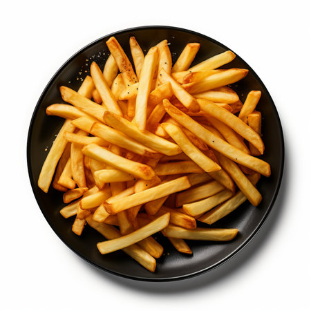 Golden French fries potatoes on black plate isolated on white background, top viewの素材