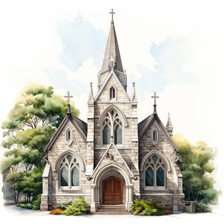 Sketch of a church in the park. Vector illustration.の素材
