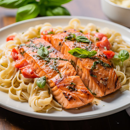 Grilled salmon with pasta, tomato and basil on a white plateの素材