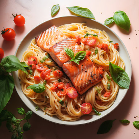 Delicious italian pasta with salmon, tomatoes and basil on tableの素材