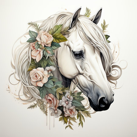 Horse head with floral wreath. Elegant vector illustrationの素材
