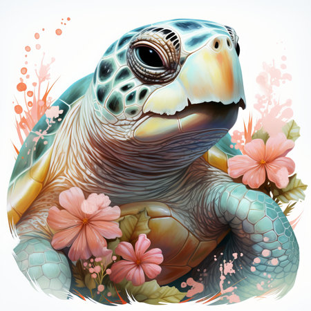 Turtle with flowers. Vector illustration of a sea tortoise.の素材