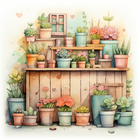 Watercolor illustration of a wooden shelf with succulents in potsの素材